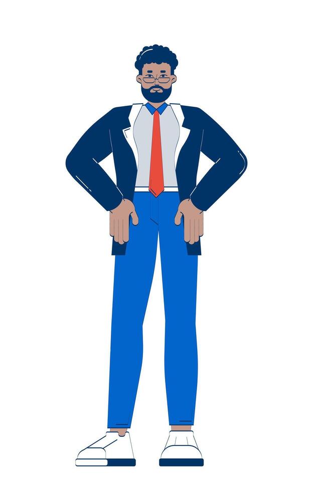 Confident black businessman standing with hands on hips 2D doodle character. African american corporate leader cartoon person drawing isolated on white. Hand drawn illustration colorful vector