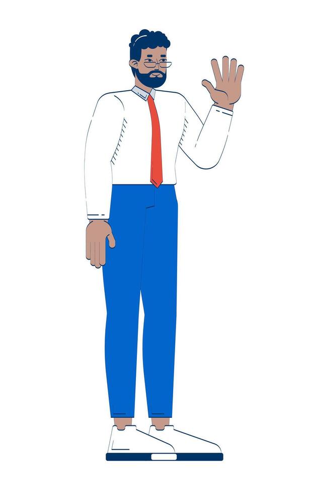 Bearded black male employee greeting 2D doodle character. African american man in office attire raising hand hello cartoon person drawing isolated on white. Hand drawn illustration colorful vector