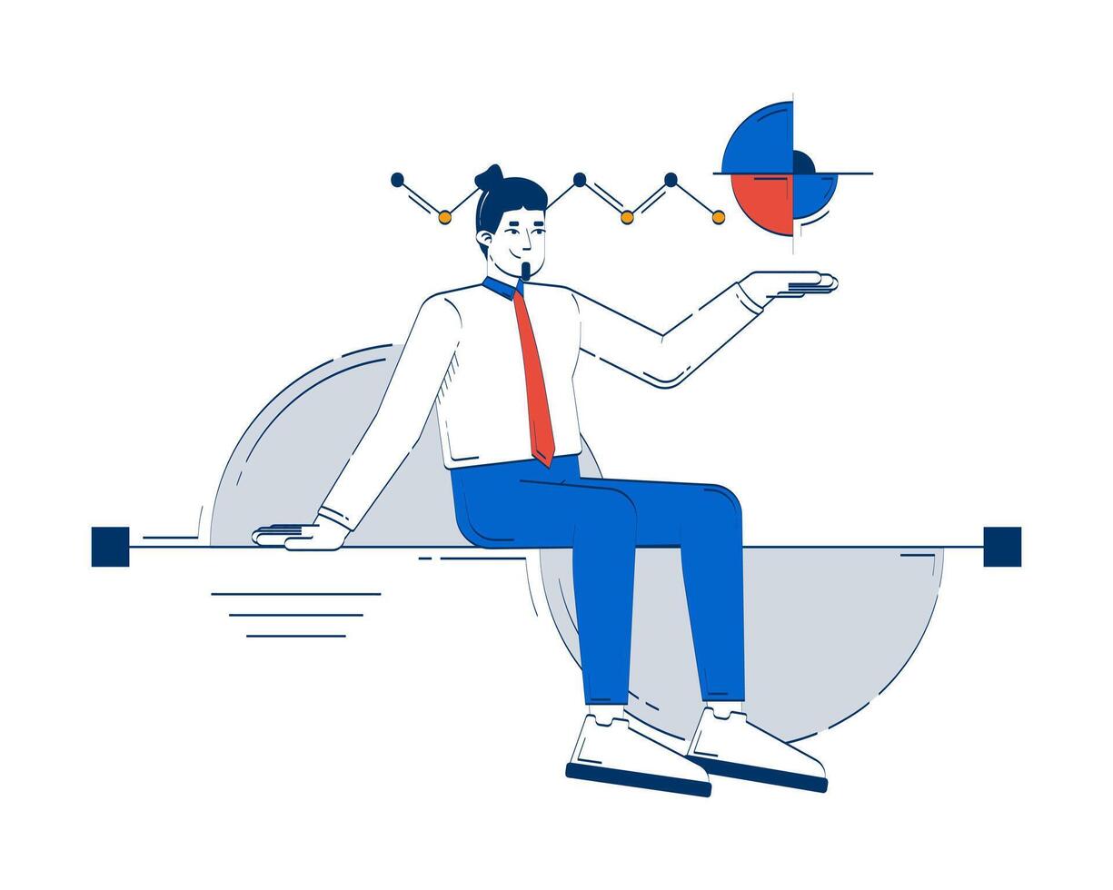 Data scientist in analytics doodle illustration concept. Insight-driven analyst. Data visualization. Businessman presenting chart cartoon 2D character isolated on white. Hand drawn metaphor vector