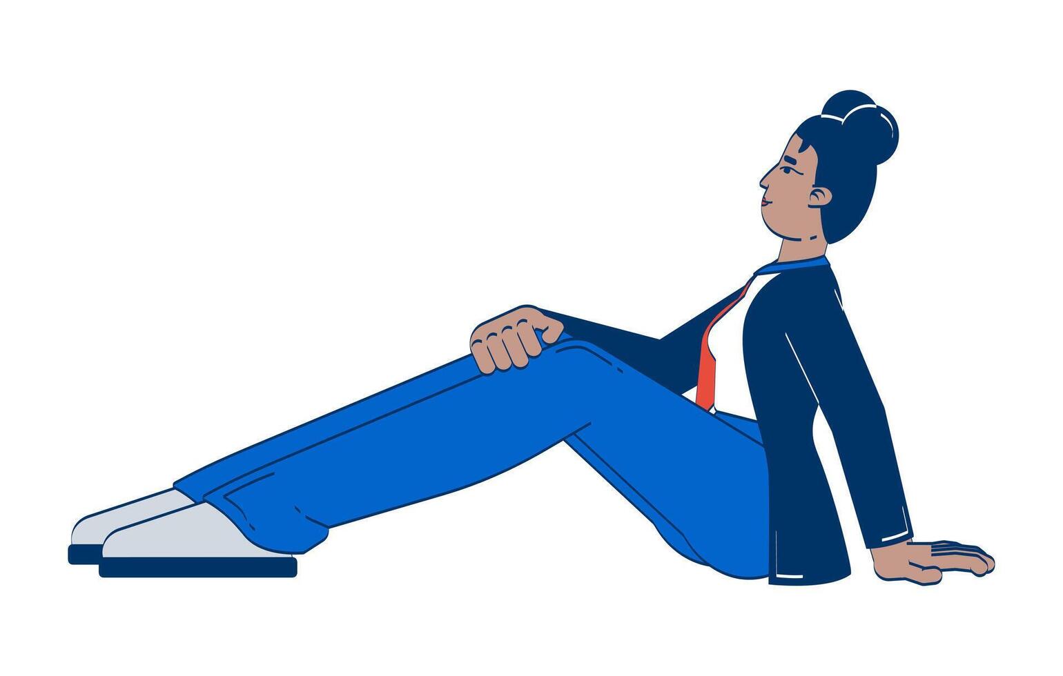 Casual black female employee sitting, leaning back 2D doodle character. African american corporate woman comfortable cartoon person drawing isolated on white. Hand drawn illustration colorful vector