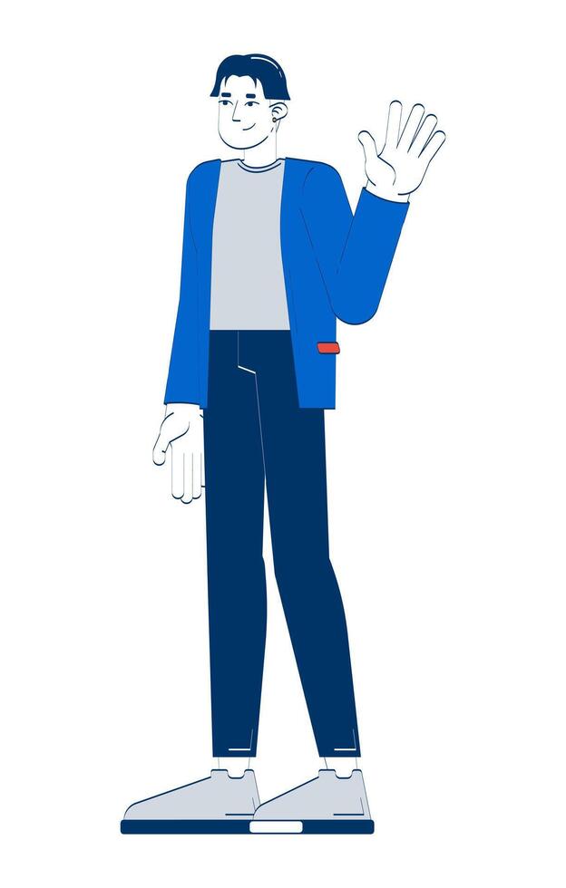 Approachable korean male employee in blazer greeting 2D doodle character. Company welcome. Professional man chinese cartoon person drawing isolated on white. Hand drawn illustration colorful vector