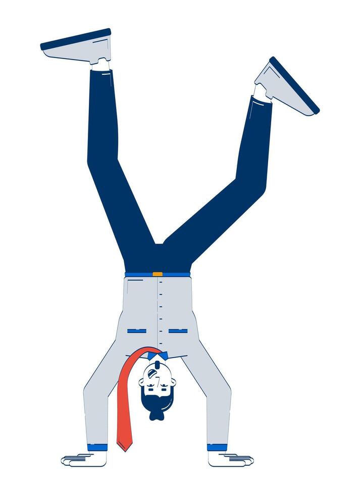Playful male employee doing handstand 2D doodle character. Upside down caucasian office worker energetic pose cartoon person drawing isolated on white. Hand drawn illustration colorful vector