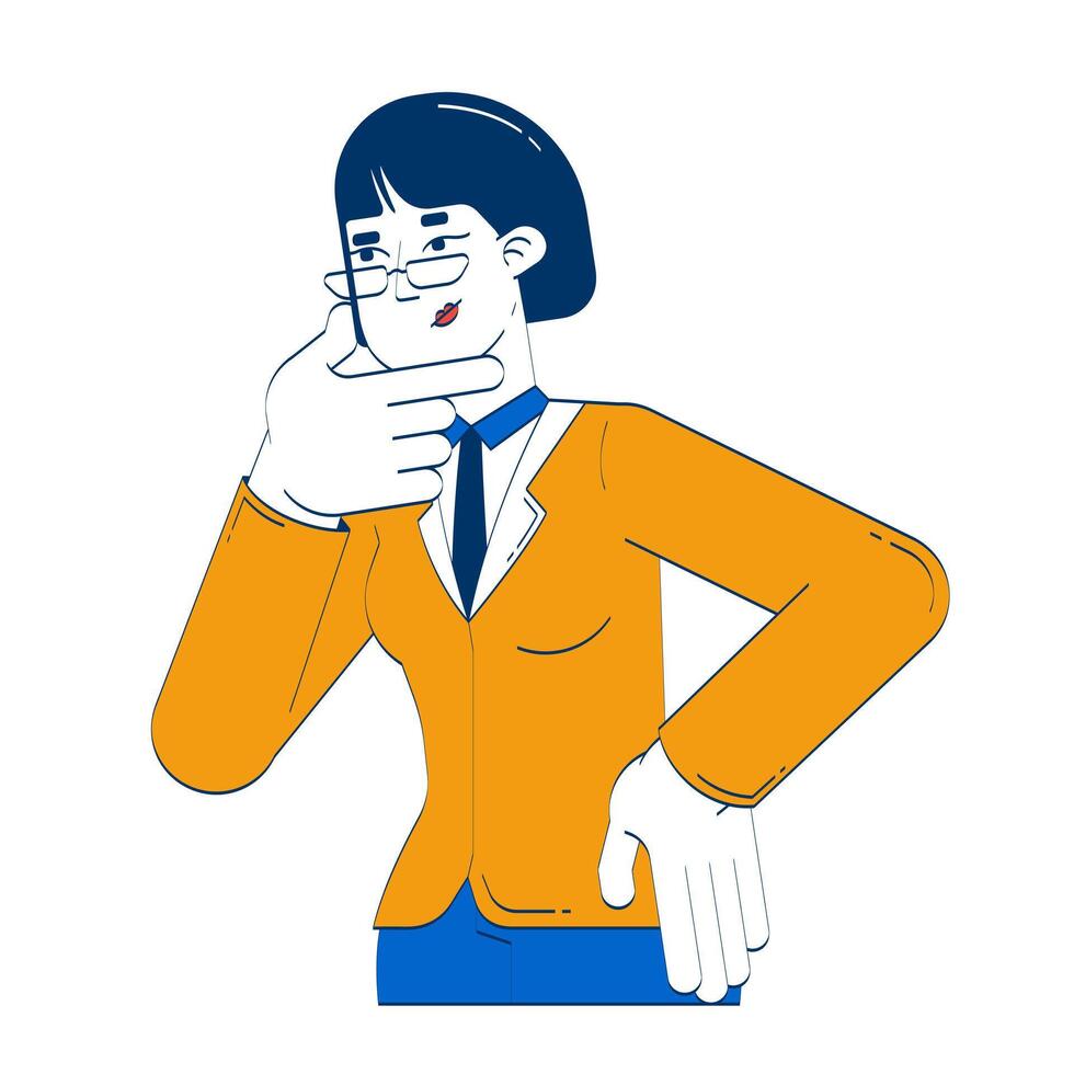 Glasses asian woman in formal attire with thoughtful pose 2D doodle character. HR thinking. Chinese female manager cartoon person drawing isolated on white. Hand drawn illustration colorful vector