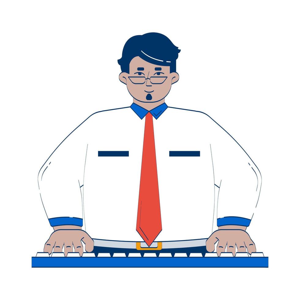 Arab male employee typing on keyboard 2D doodle character. Office worker. Middle eastern businessman computer work cartoon person drawing isolated on white. Hand drawn illustration colorful vector