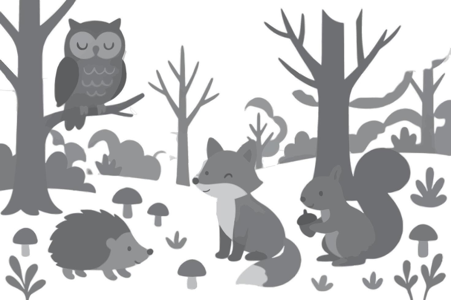 an owl, squirrel, hedgehog and fox in the woods vector