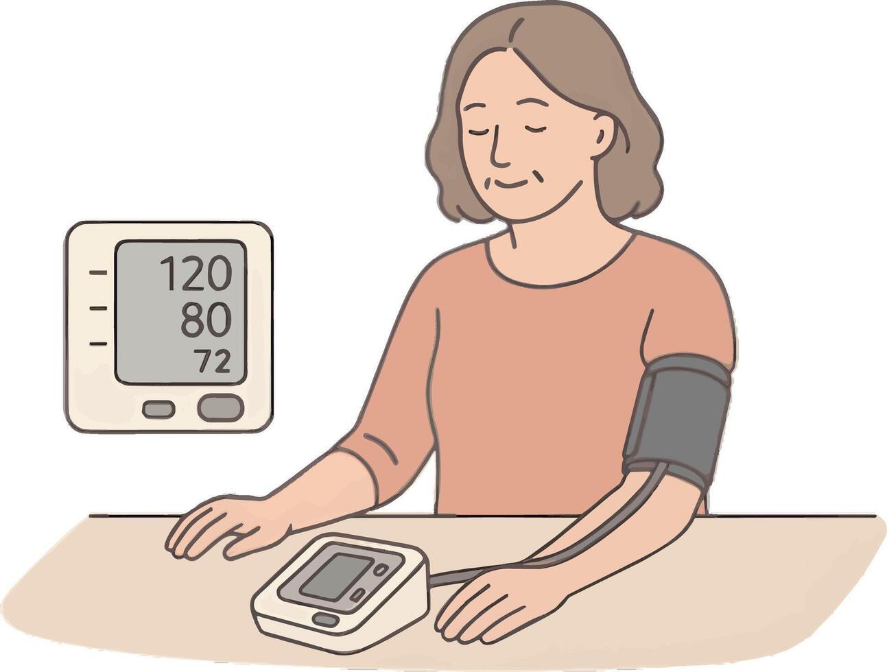 a woman is sitting at a table with a blood pressure monitor vector