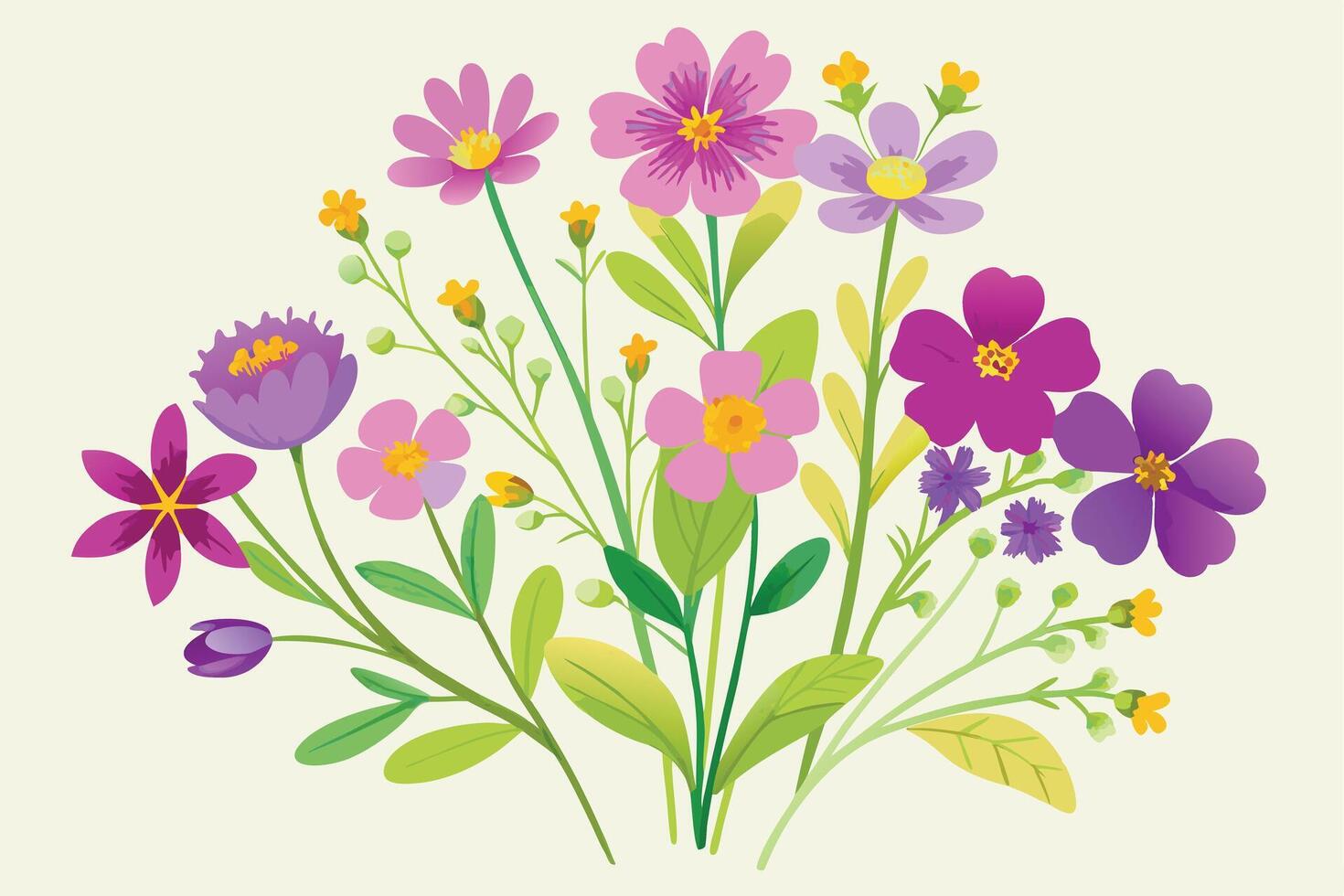 Vibrant Spring Bouquet of Purple, Pink, and Yellow Flowers in a Cheerful, Whimsical Illustration - Professional digital artwork with vibrant colors and detailed composition vector
