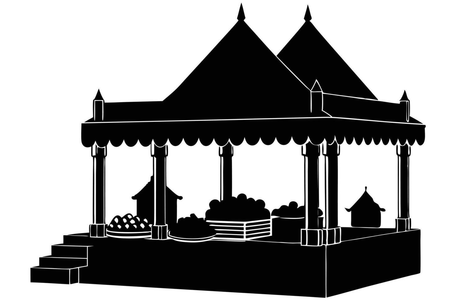 Serene Black and White Silhouette of a Fruit Stand at a Vibrant Market Under a Picturesque Pavilion vector