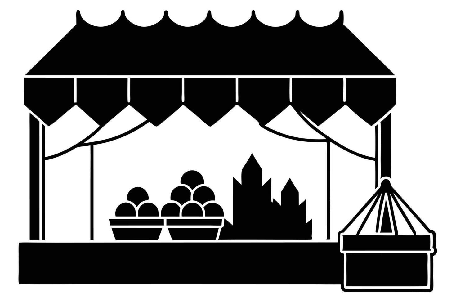 Charming Black and White Illustration of a Fruit Stand at a Festive Market, Evoking a Playful and Joyful Mood vector