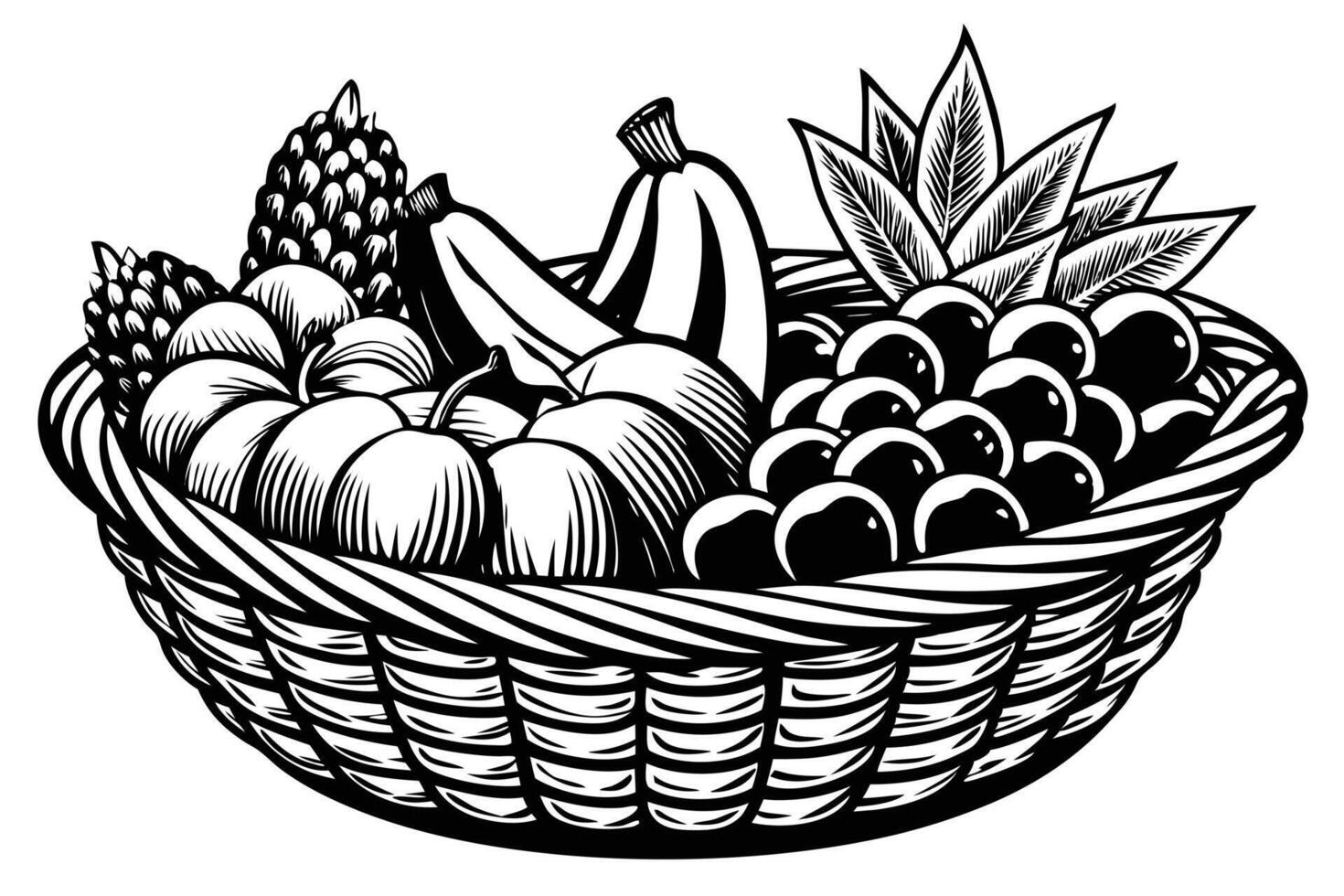 Bountiful Harvest A Black and White Illustration of a Rustic Basket Overflowing with Fresh Fruit, Apples, Bananas, Grapes, and Pineapple vector