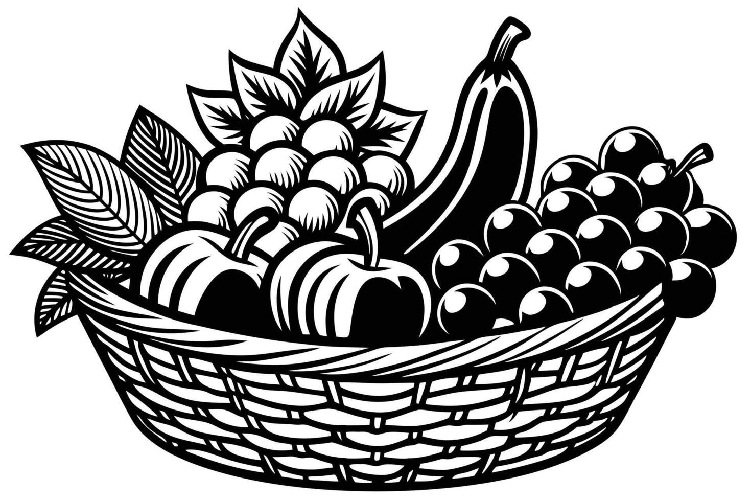 Bountiful Black and White Still Life of Fruit in a Rustic Woven Basket, Evocative of Autumnal Abundance and Harvest vector