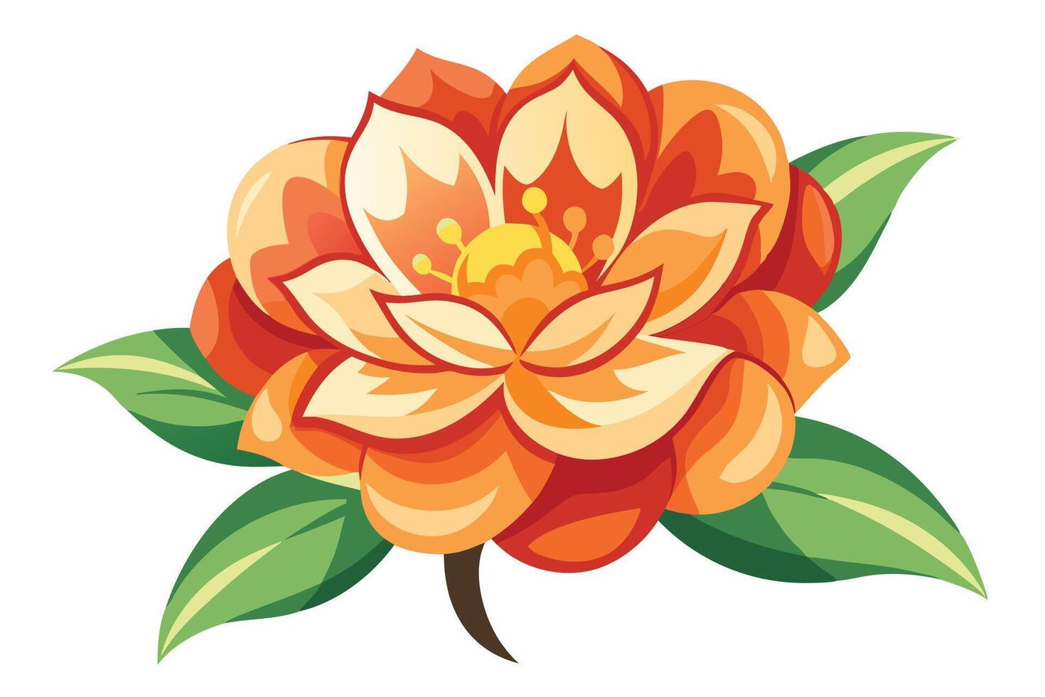 Vibrant Orange Flower Blossom with Lush Green Leaves, a Cheerful Illustration on White Background - Professional digital artwork with vibrant colors and detailed composition vector