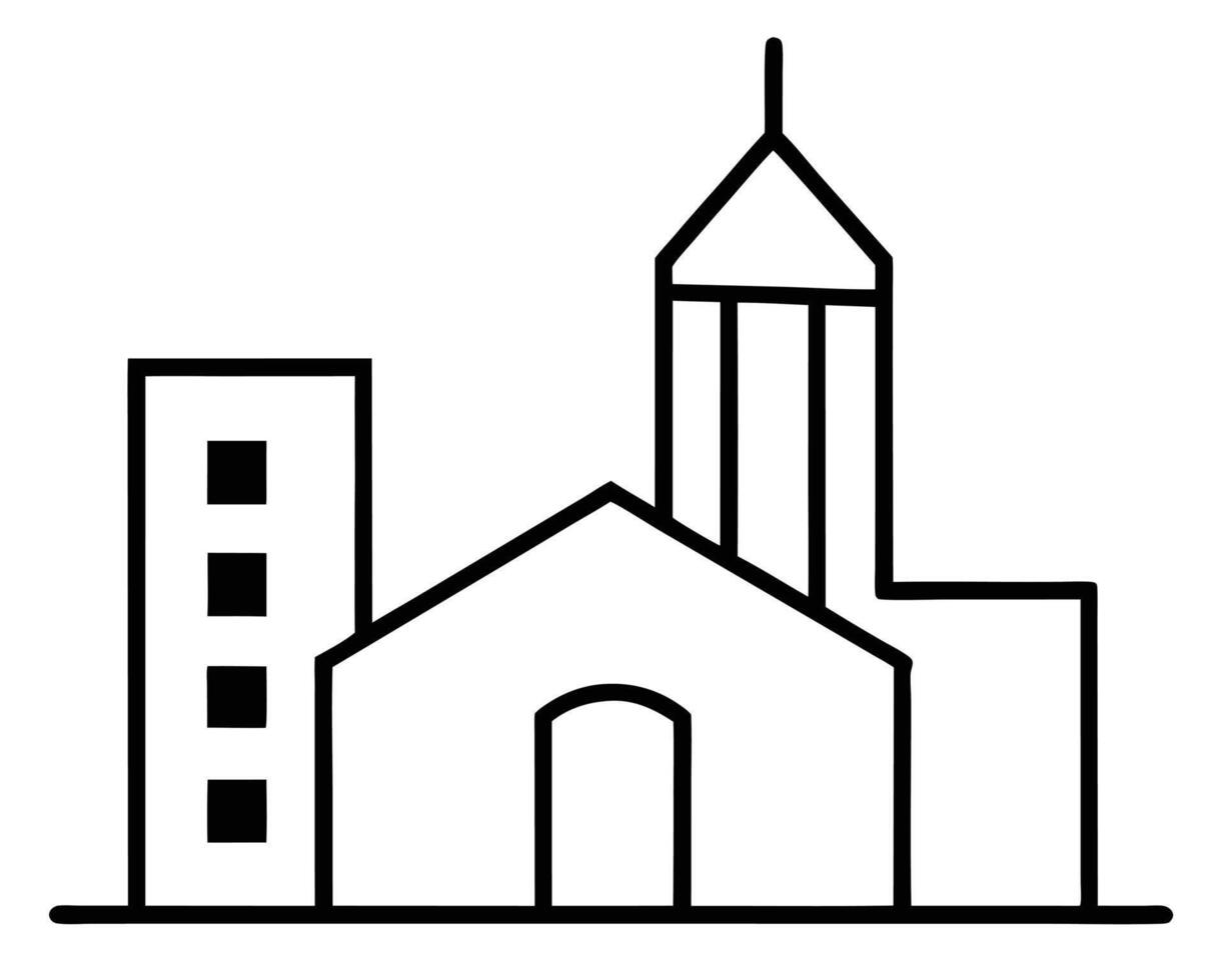 Serene Minimalist Line Art Cityscape A Simple Black and White Illustration of Buildings at Dawn vector