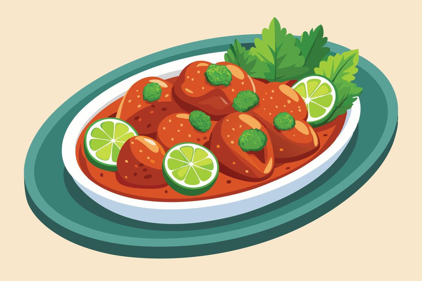 Delicious Spicy Chicken Tikka Masala in a Teal Plate, Garnished with Fresh Limes and Cilantro, Appetising Indian Cuisine vector