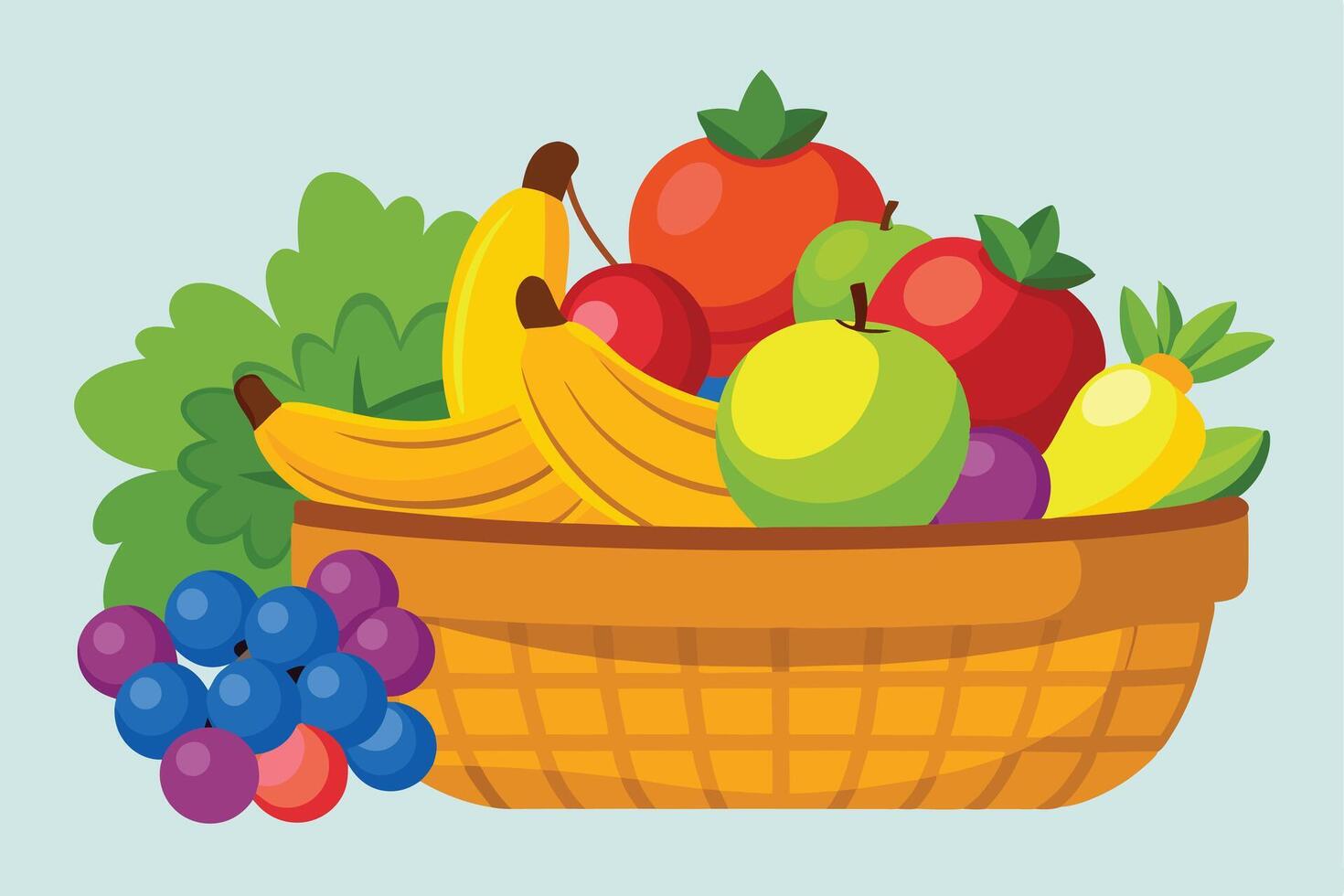 A Cheerful Basket Overflowing with Fresh Colorful Fruits, a Delightful Summer Harvest Scene - Professional digital artwork with vibrant colors and detailed composition vector