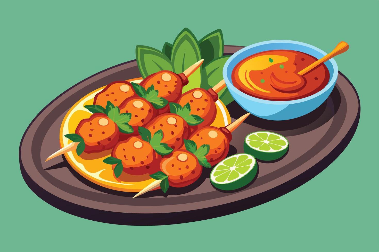 Delicious Spicy Satay Skewers with Creamy Peanut Sauce, Lime Wedges, and Fresh Herbs on a Rustic Wooden Platter - An Appetising Culinary Scene vector