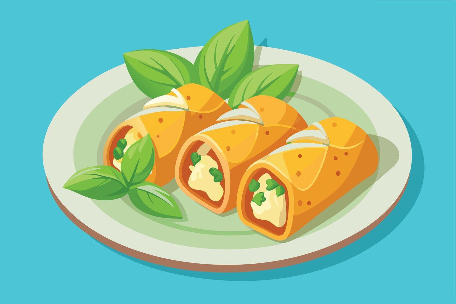 Delicious Cheese-Filled Spring Rolls Served on Plate with Fresh Basil, Appetising Asian Cuisine Illustration - Professional digital artwork with vibrant colors and detailed composition vector