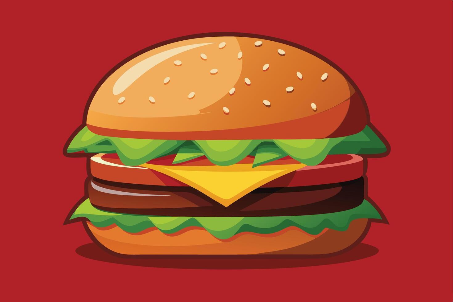 Juicy Double Cheeseburger with Lettuce and Tomato on Red Background - Delicious Fast Food Illustration vector