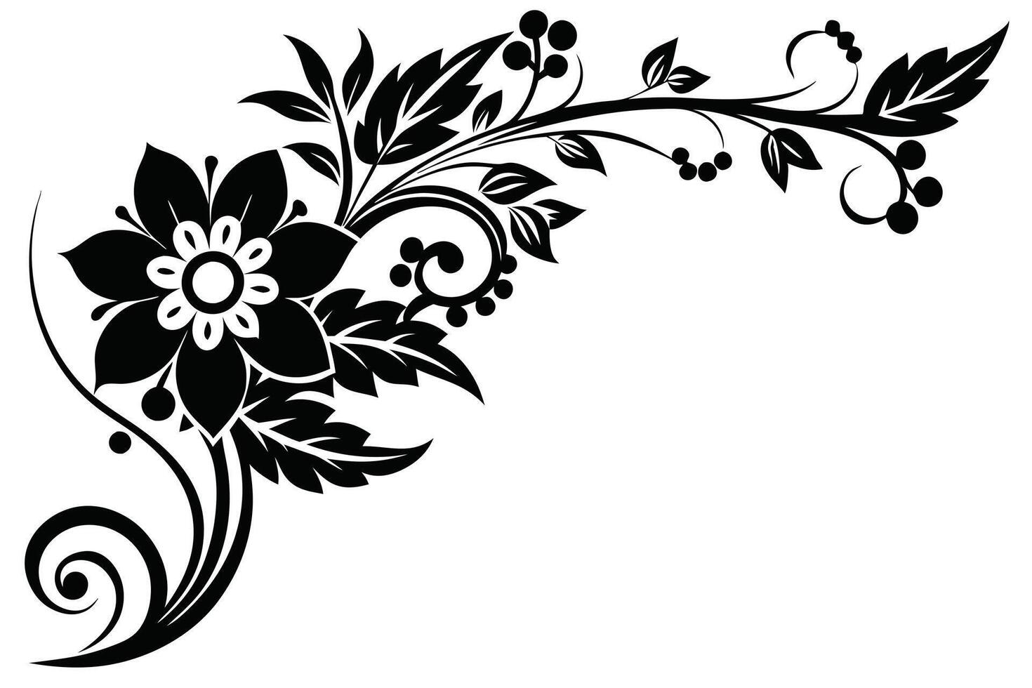 Elegant Black and White Floral Corner Design A Dramatic, Swirling Flourish of Flowers and Leaves for Artistic Decoration vector