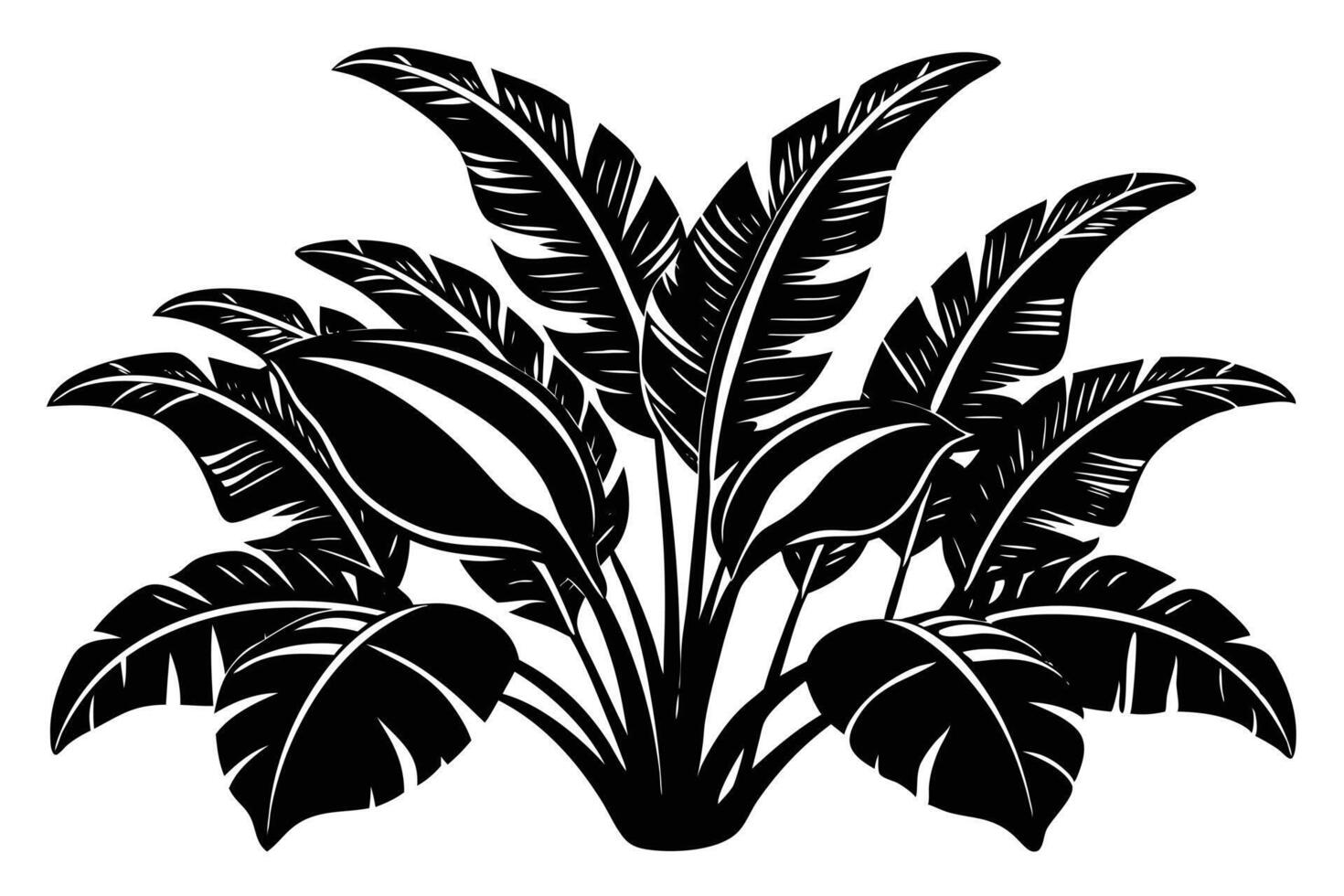 Lush Tropical Black and White Banana Leaf Plant Illustration, Dramatic Silhouette, Exotic Jungle Foliage, Dark Moody Design vector