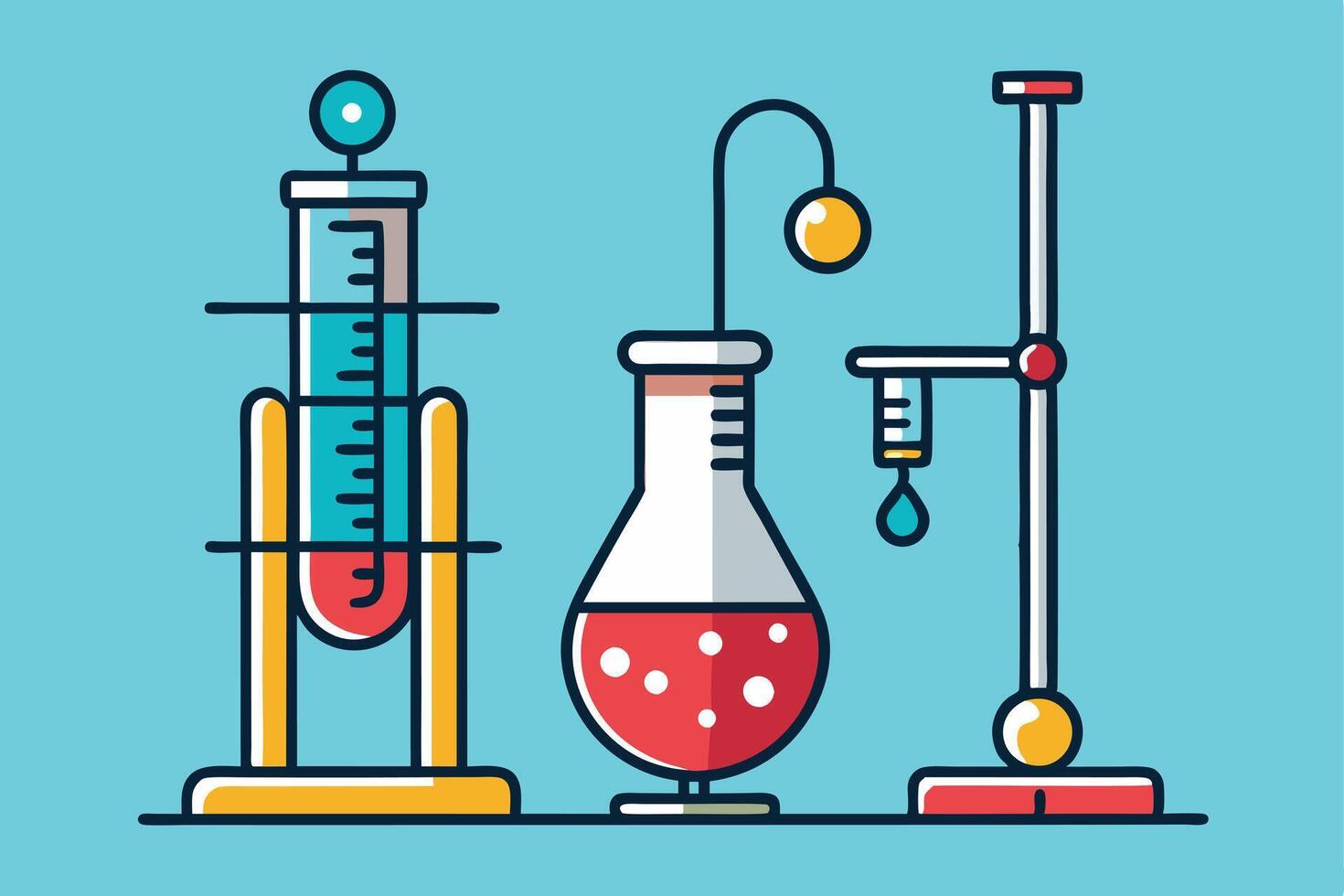 Vibrant Illustration of Scientific Laboratory Equipment Test Tubes, Flasks, and Syringes in a Cheerful Blue Setting vector