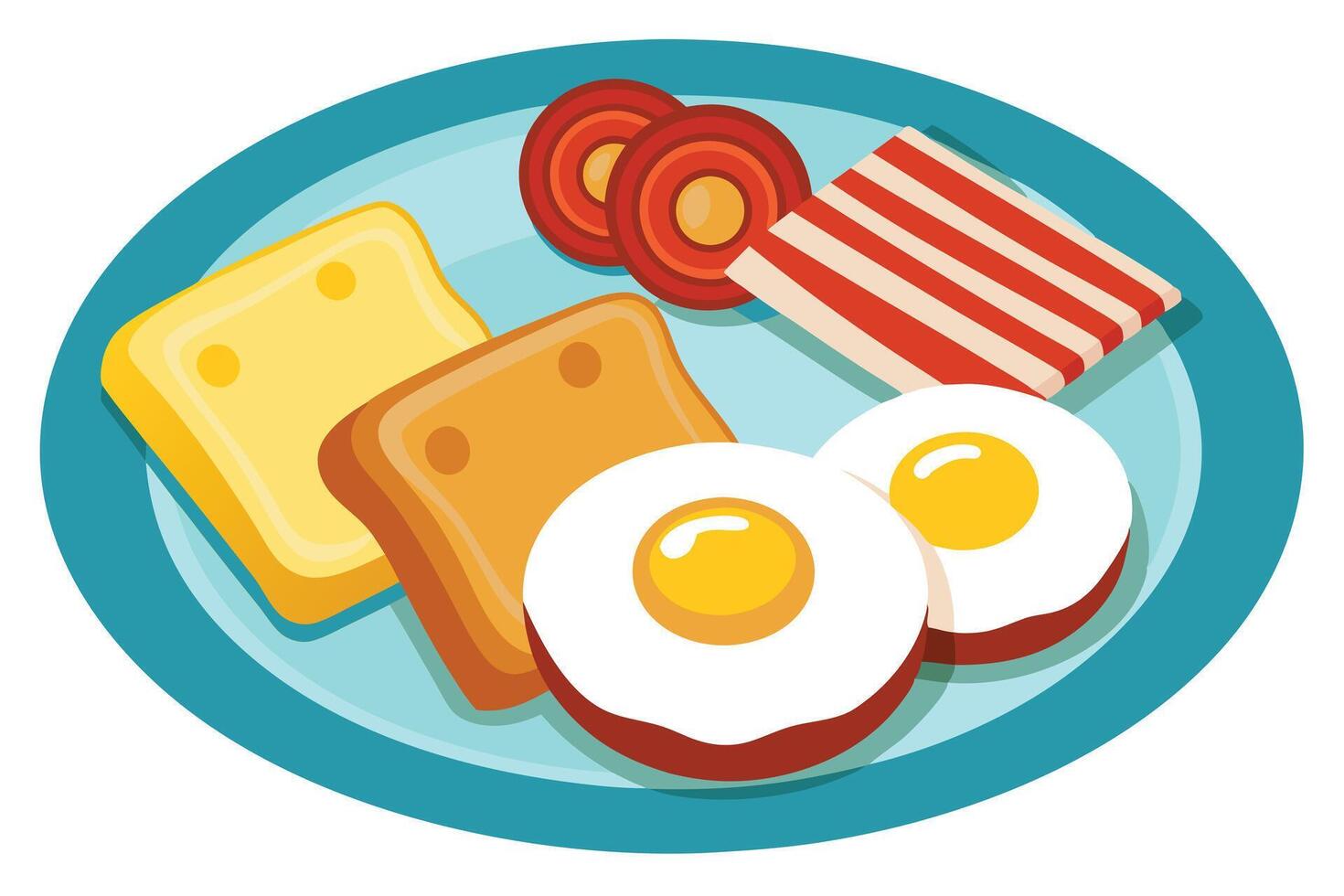 Delightful Morning Breakfast Plate Sunny-Side Up Eggs, Toast, Bacon, and Tomatoes, Vibrant and Appetising Illustration vector