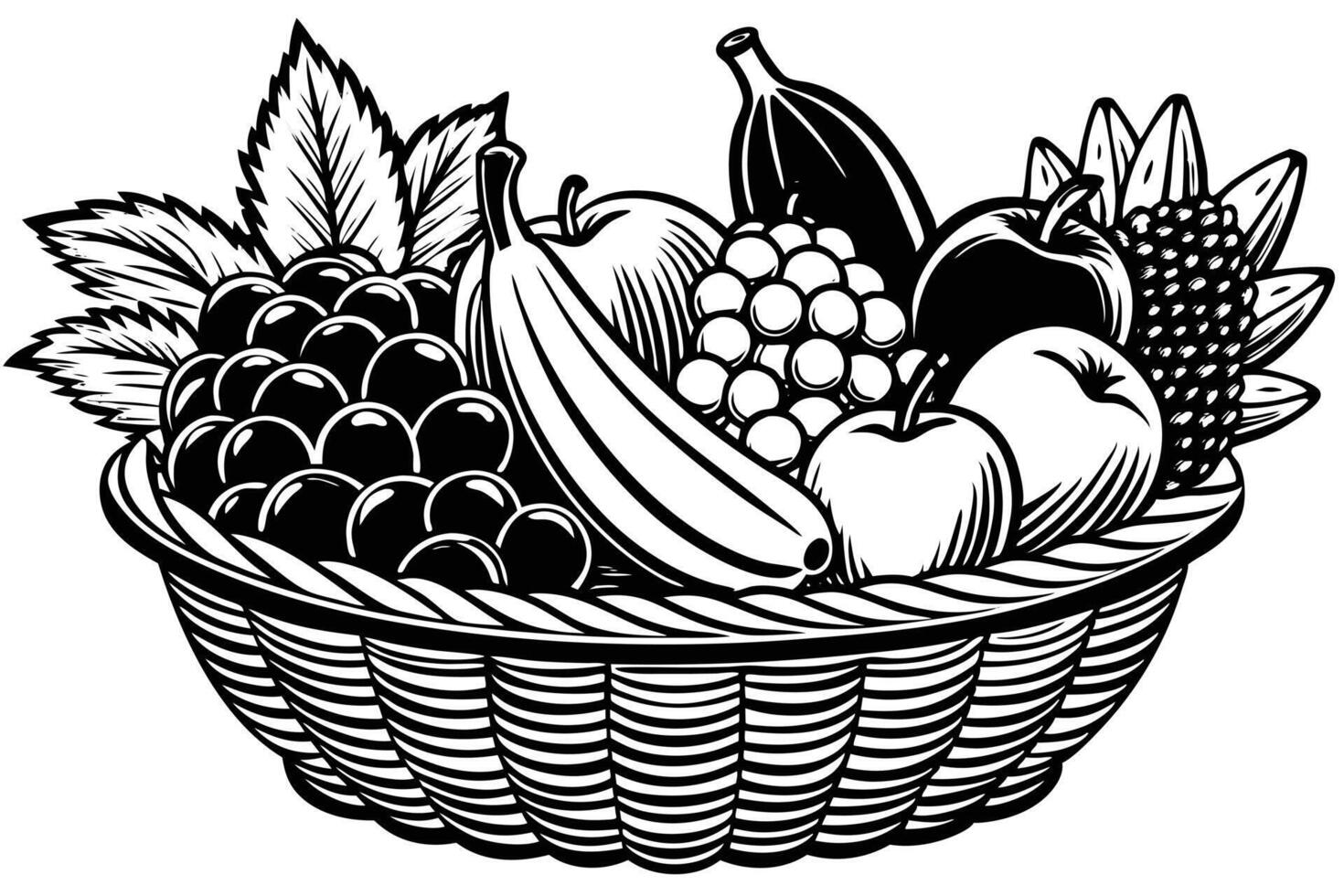 A Sumptuous Still Life Black and White Illustration of a Rustic Fruit Basket Overflowing with Ripe Apples, Bananas, Grapes, and Figs vector