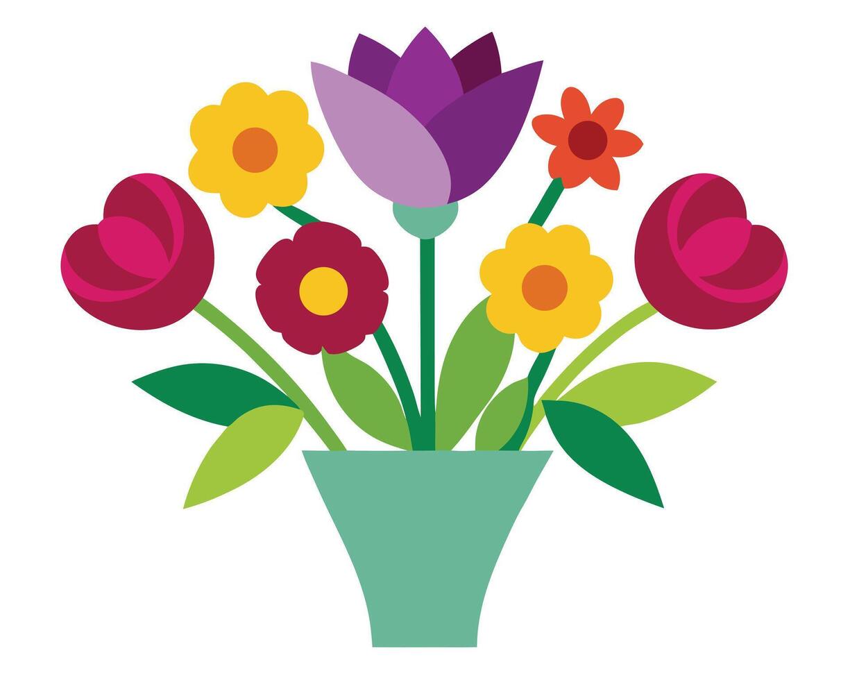 Vibrant Spring Flowers in a Teal Vase A Cheerful, Colorful Bouquet of Tulips and Daisies vector