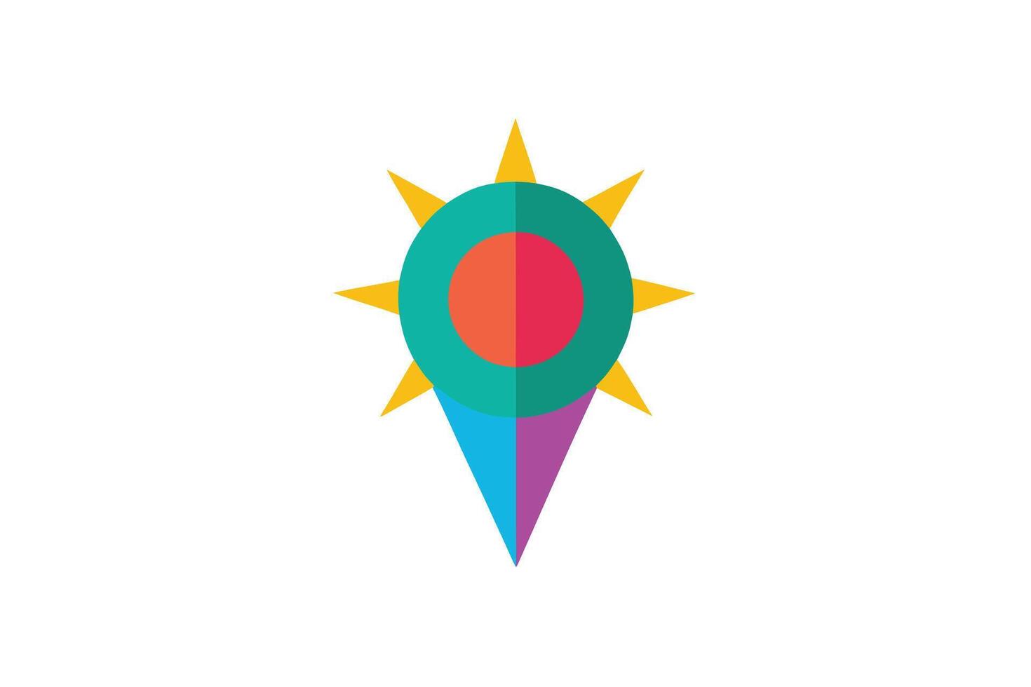 Bright, Colorful Location Pin Graphic Design A cheerful, vibrant illustration of a sun-shaped location marker, perfect for maps, travel, and navigation apps. vector