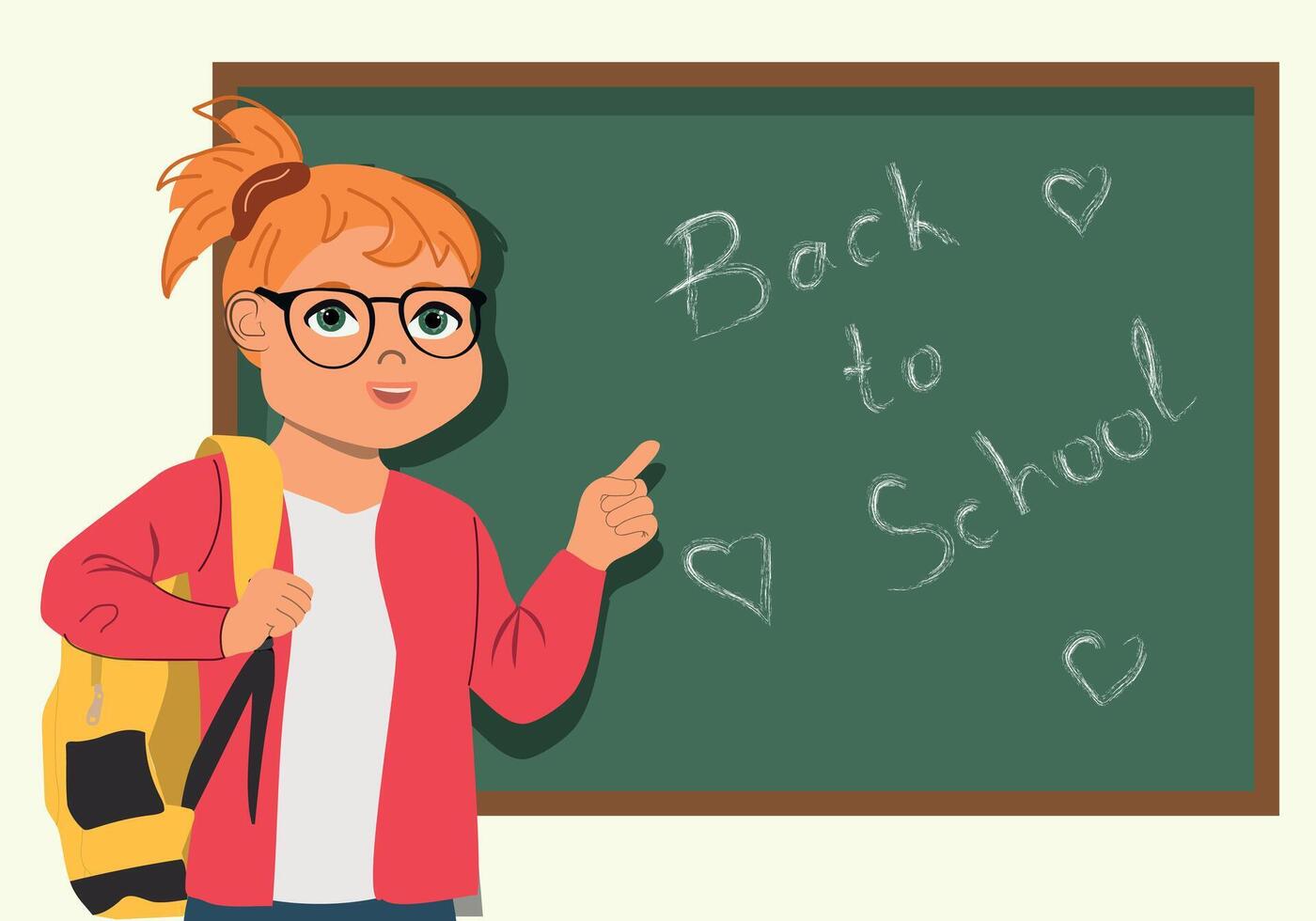 Happy cute school girl pointing with finger at blackboard vector