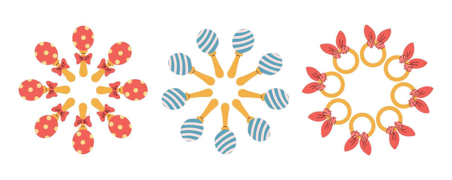 Cute toys for kids set concept. Entertainment and recreation. Inventory for children and playroom. Cartoon flat wreath isolated on white background. Hand drawn illustration . vector