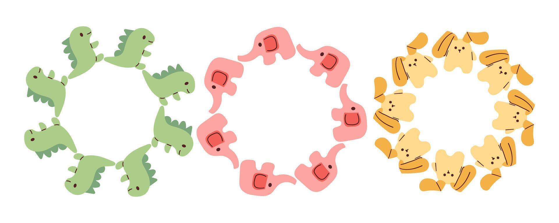 Cute soft toys for kids set concept. Entertainment and recreation. Inventory for children and playroom. Cartoon flat wreath isolated on white background. Hand drawn flat illustration . vector