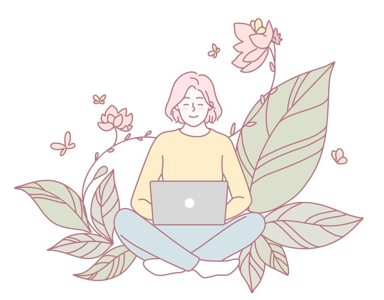 A Woman is Working on Her Laptop While Being Surrounded by Beautiful Nature All Around Her vector
