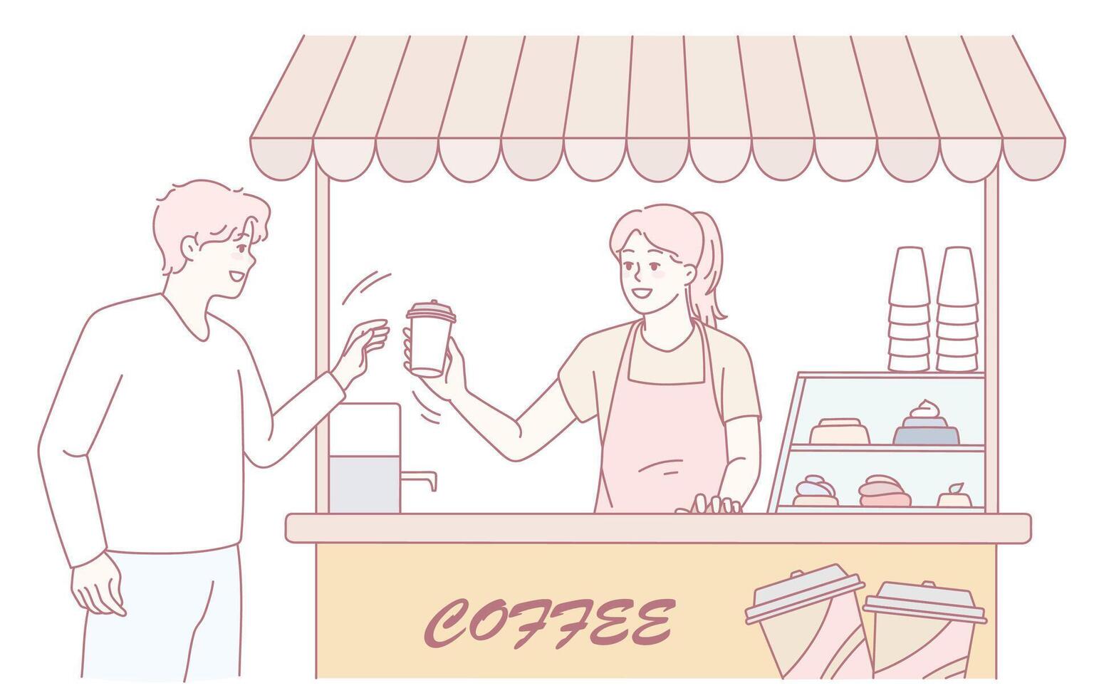 Engaging in a Coffee Stand Interaction with a Customer at a Local Cafe Stand or Shop vector