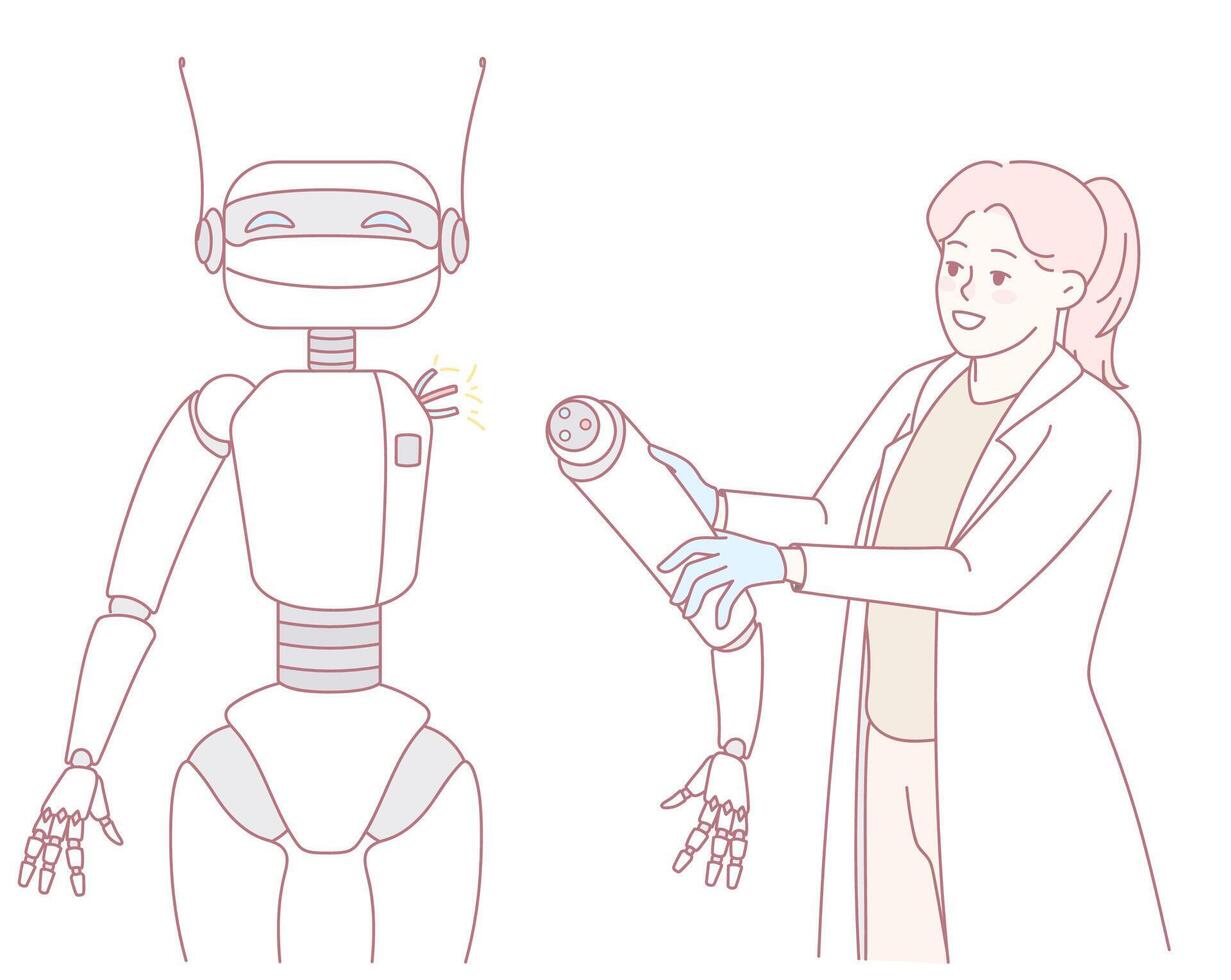 A Robot and a Scientist Engaging in Collaborative Efforts on CuttingEdge Technology vector
