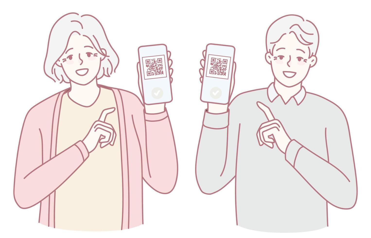 A couple joyfully displaying various QR codes on their smartphones to access digital services vector
