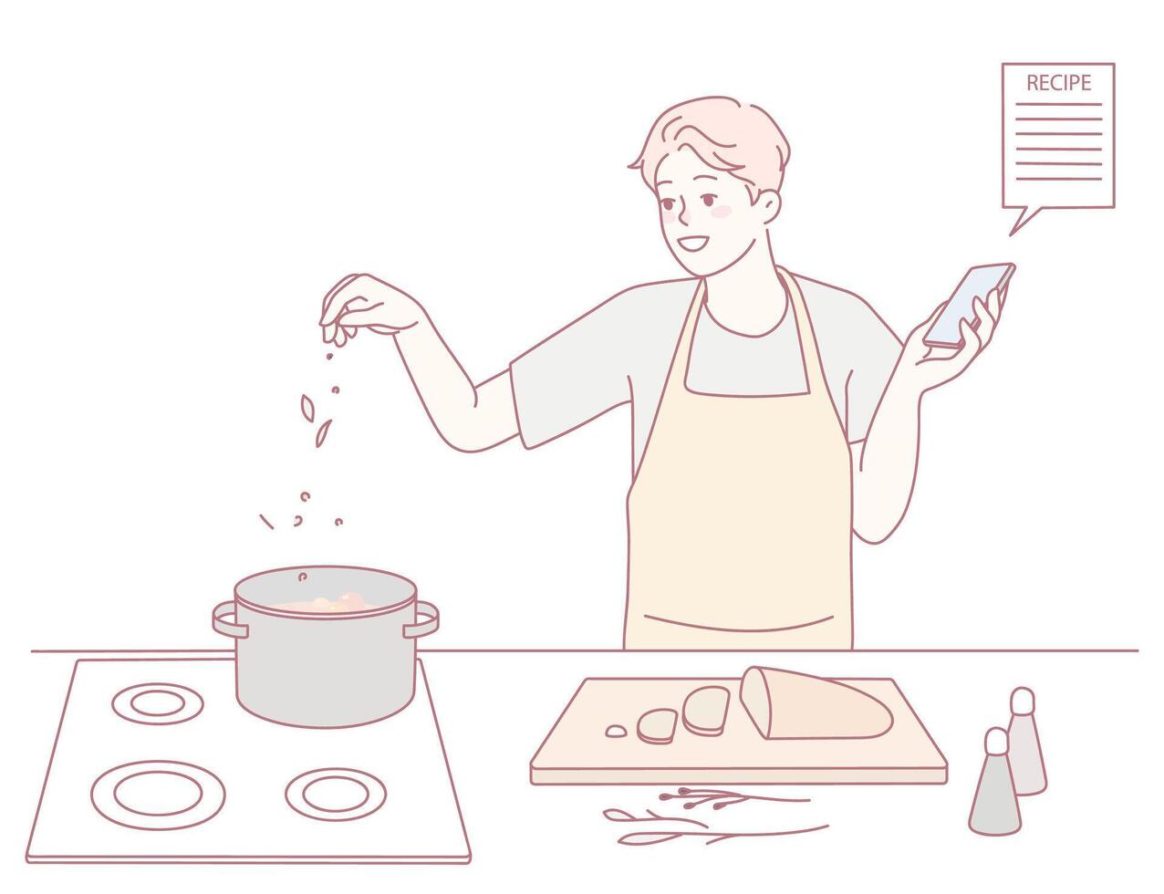 A passionate cooking enthusiast diligently follows a detailed recipe in the kitchen vector