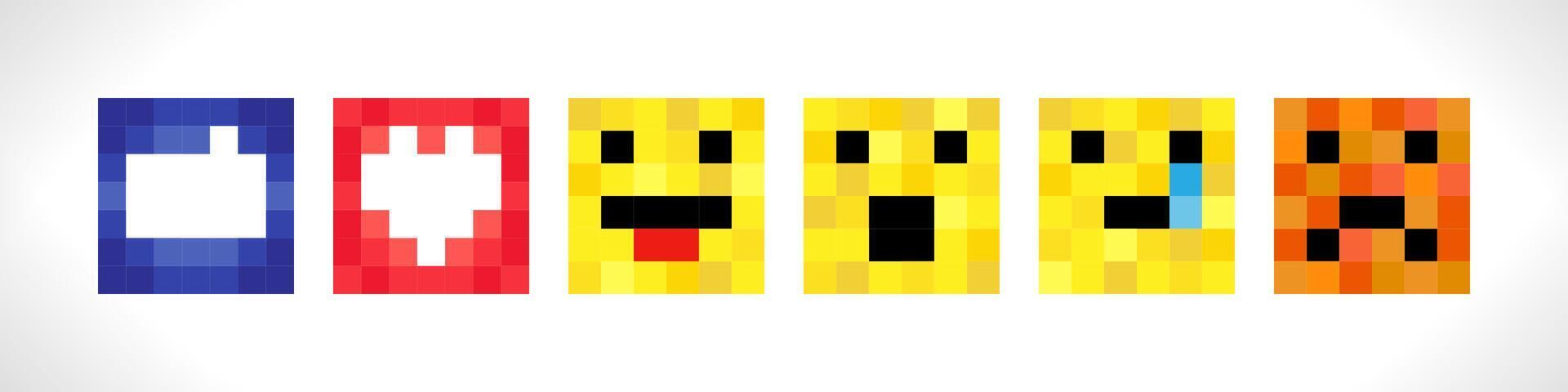 Collection of creative social media icons. Pixel art graphic style. Set of face reactions. vector