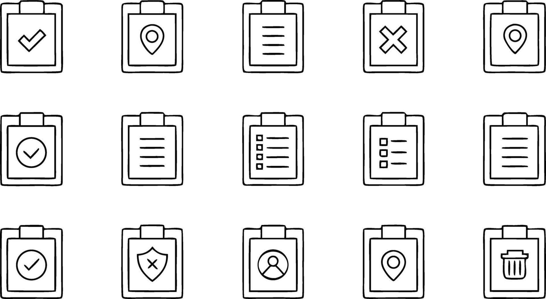 Hand Drawn Clipboard Icons Representing Tasks, Location, Data, Security, People, Deletion and Approval on White Background vector