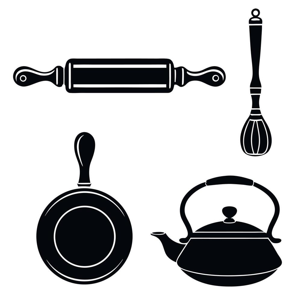 Culinary Still Life Kitchen Tools Representing Cooking and Baking Utensils Including Whisk Rolling Pin Teapot and Frying Pan Flat Design vector