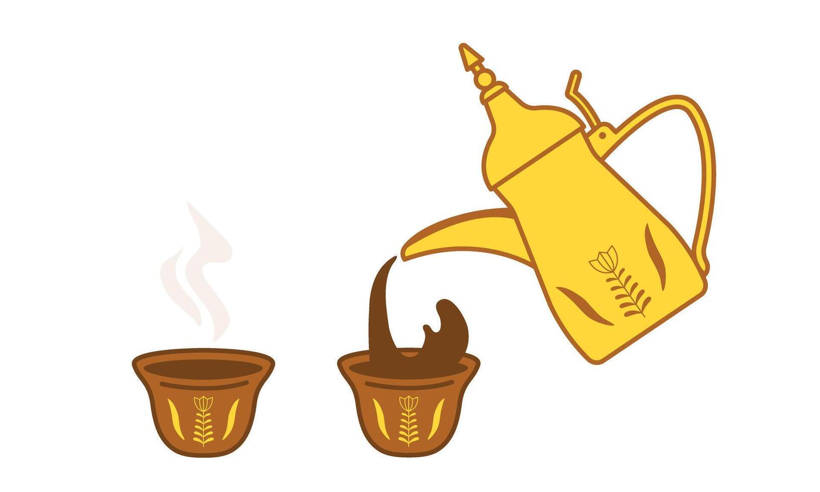 Traditional Arabic Coffee Pot Dallah Pouring into Cups. Flat Illustration vector
