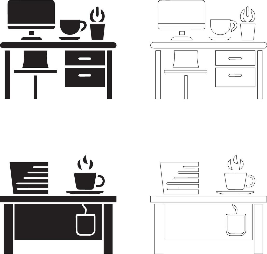coffee day office desk icon set with computer monitor stack papers coffee cup plant solid and outline silhouettes vector