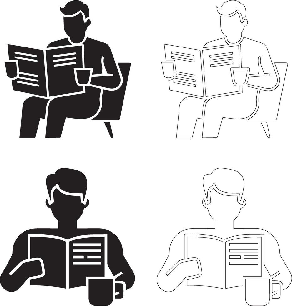 coffee day person reading newspaper and holding coffee cup icon set solid and outline silhouettes vector