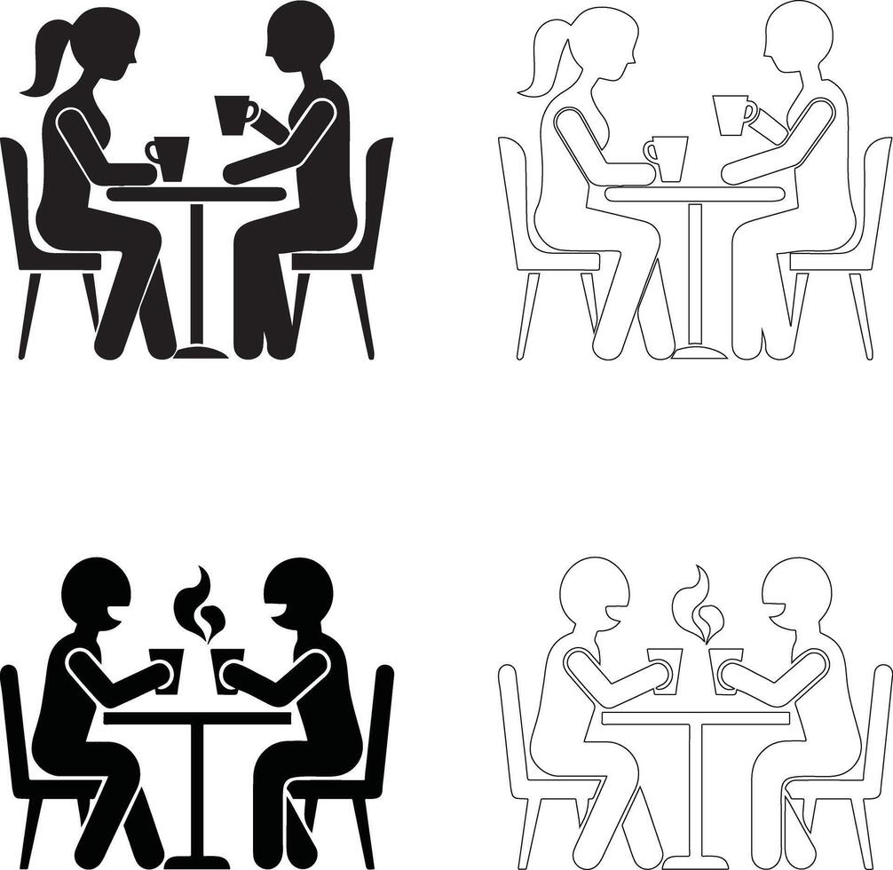 coffee day coffee break two people at table icon set solid and outline silhouettes with steaming cups vector