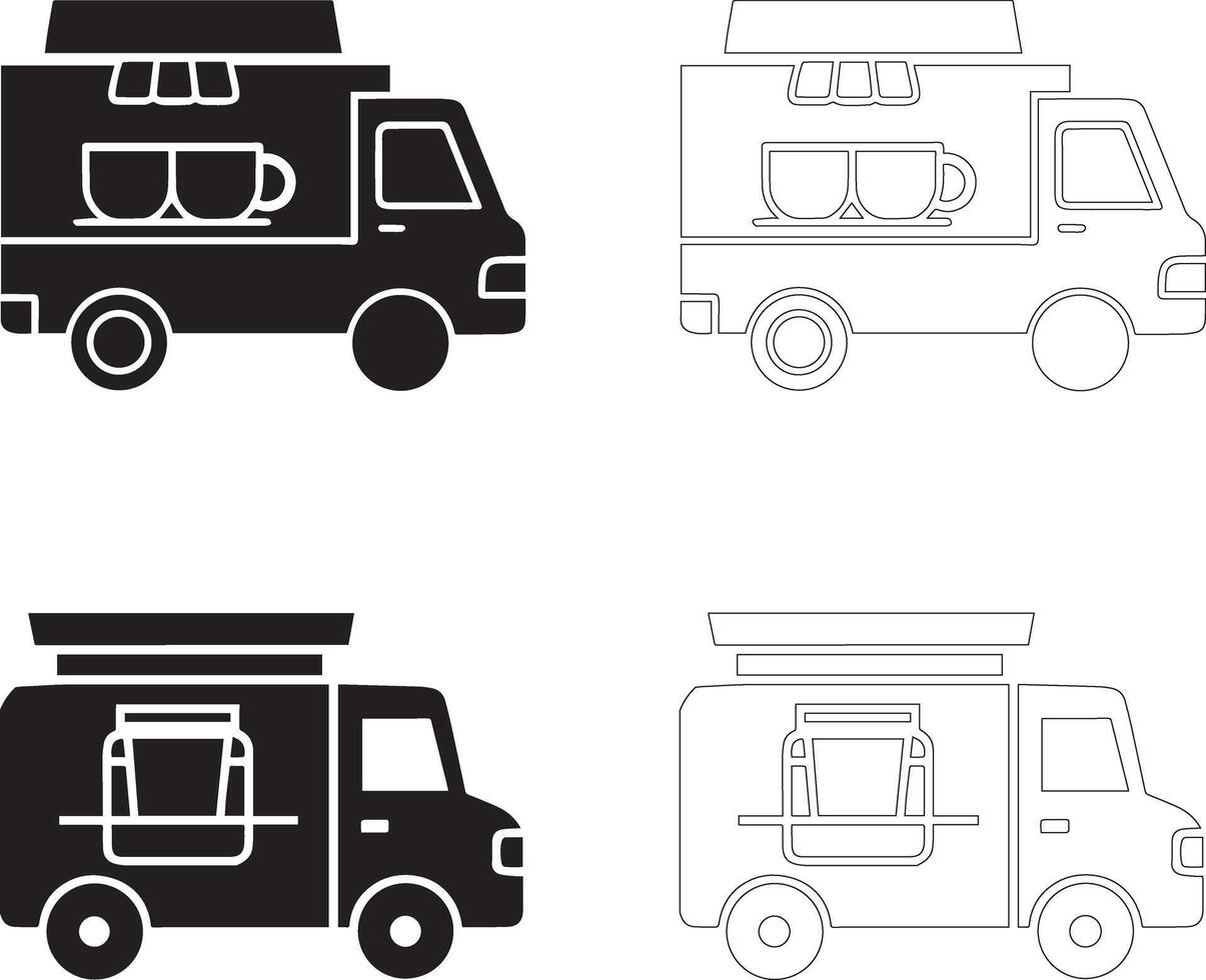 coffee day mobile coffee truck icon set single and double cup solid and outline silhouettes vector