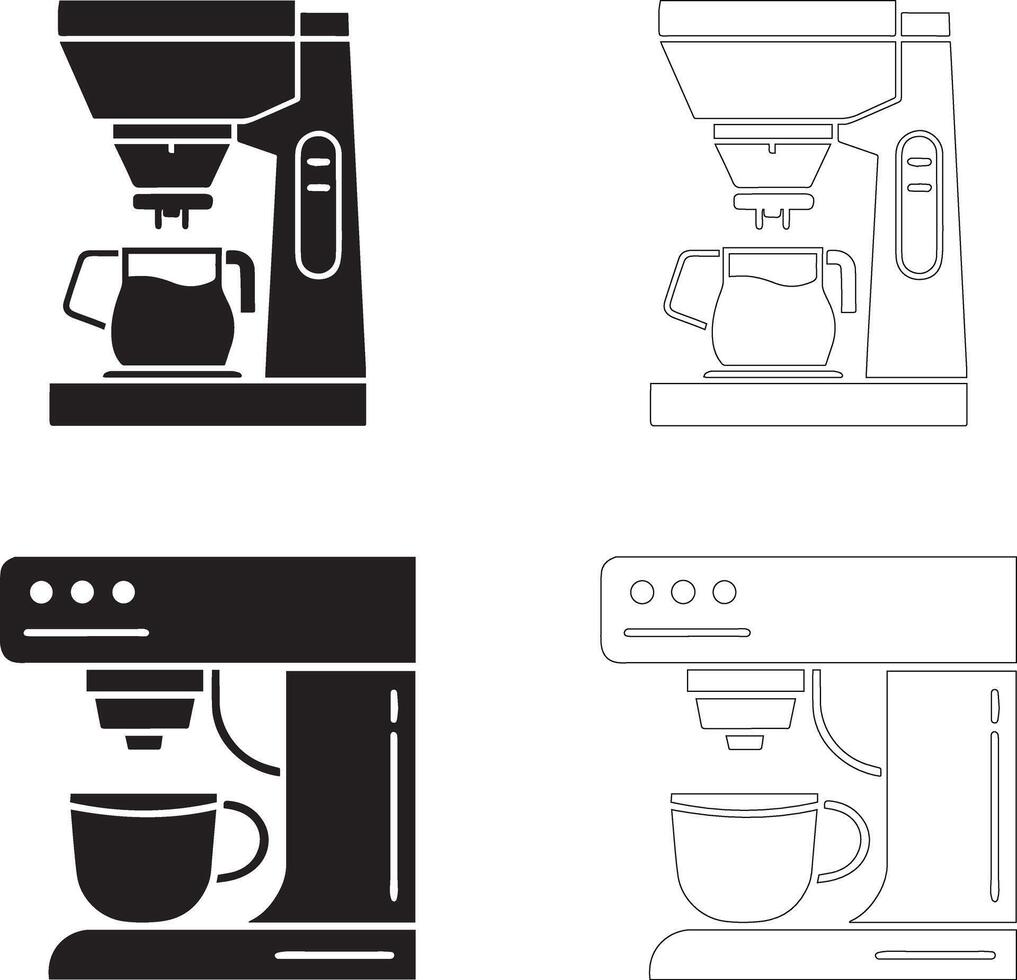 coffee day coffee machine icon set with carafe and cup solid and outline silhouettes vector