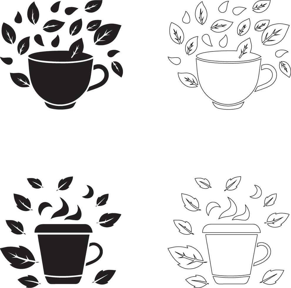 coffee day coffee cups with leaves silhouette and outline 2x2 grid illustration vector