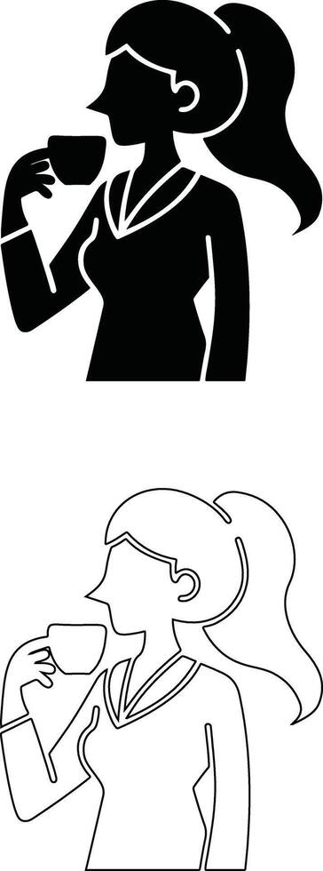 Coffee Day Icon Set Woman Drinking Coffee Silhouettes in Solid and Outline vector