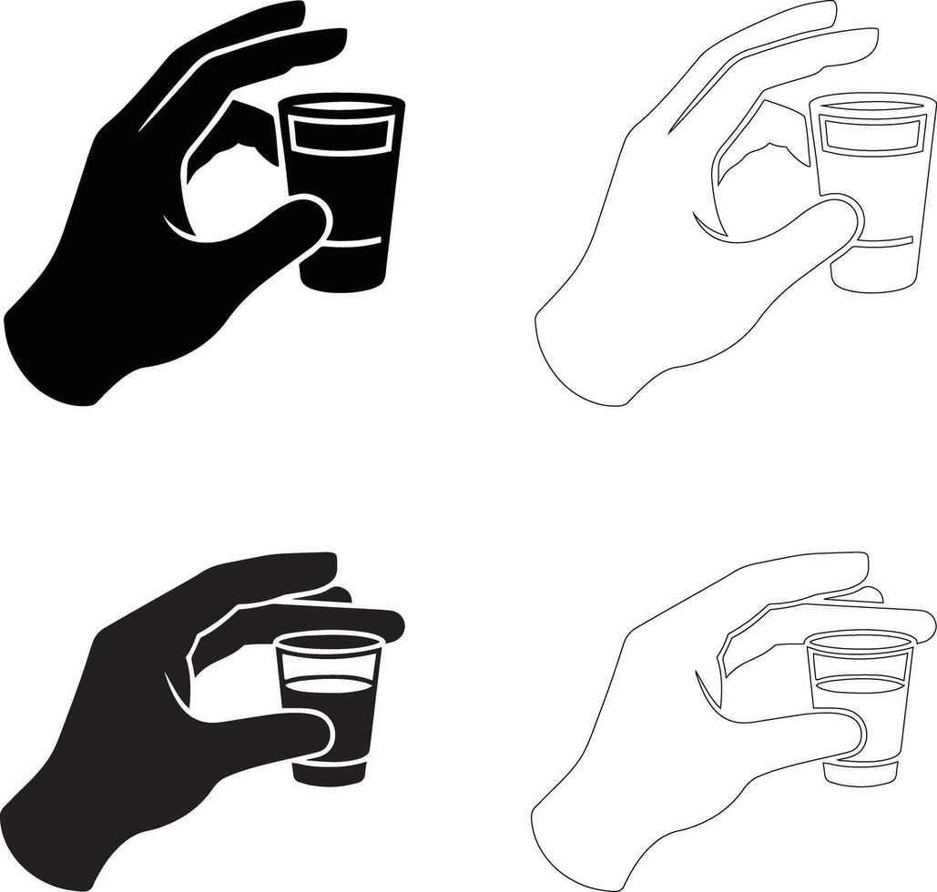 coffee day espresso shot icon set hand holding glass solid and outline silhouettes vector