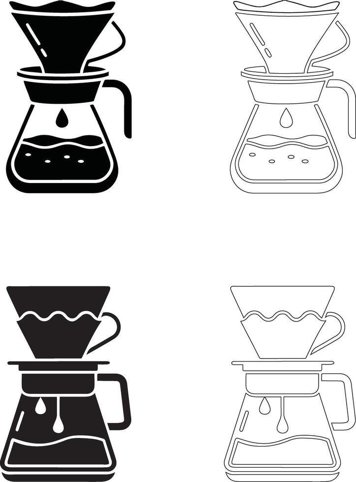 coffee day pour over coffee dripper carafe silhouette outline 2x2 grid illustration set vector